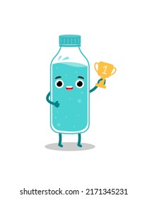 Character water bottle winner with cup. Drink cartoon illustration.