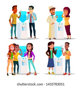 Character Water Cooler Talking Gossip Set Vector. Young Business Man And Woman Employee Colleague Gossip And Drinking Water Or Hot Drink. Office Time Collection Flat Cartoon Illustration