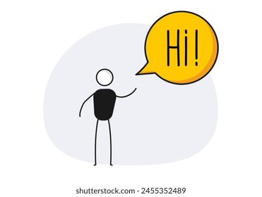 Character waving and saying Hi. Vector welcoming illustration with person and speech bubble