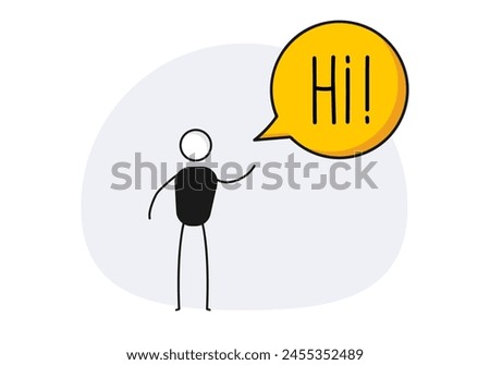 Character waving and saying Hi. Vector welcoming illustration with person and speech bubble