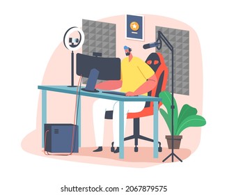 Character Wear Headset Sitting At Multiple Professional Desktops And Equipment Conduct Streaming, Gamer Playing Computer Games, Cyber Sport Technologies, Tournament. Cartoon People Vector Illustration