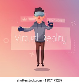 Character wear virtual reality digital glasses. Cartoon Vector Illustration