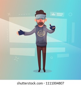 Character wear virtual reality digital glasses. Cartoon Vector Illustration