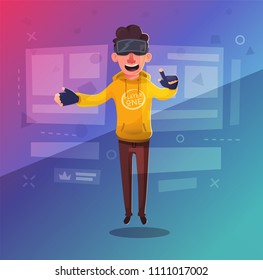 Character wear virtual reality digital glasses. Cartoon Vector Illustration