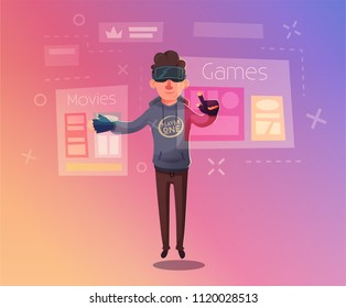 Character wear virtual reality digital glasses. Cartoon Vector Illustration