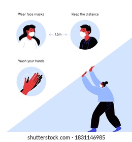 Character wearing a face mask with a banner about how to prevent covid-19 transmission. Flat illustration of a woman covering her face holding white paper. Covid-19 prevention instructions.