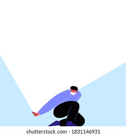 Character wearing a face mask with a blank white banner. Flat illustration of a man with covered face holding white paper on his back. Template for your content.