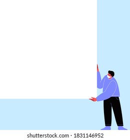 Character wearing a face mask with a blank white banner. Flat illustration of a man with covered face holding white paper. Template for your content.