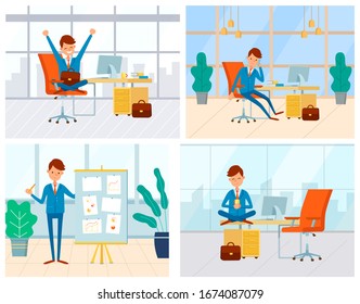 Character wearing formal clothes working in office vector, man stretching hands. Man showing presentation, coffee break of director of company flat style