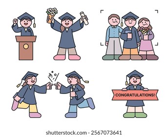 A character wearing a graduation gown is giving a speech, cheering on fellow students, holding a congratulatory banner, and taking pictures with family. Cuttiny character with outline.