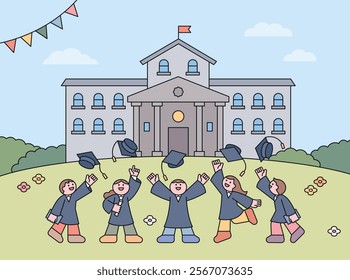 A character wearing a graduation gown is having fun throwing his mortarboard. Campus background. Cuttiny character with outline.