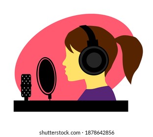 Character wearing headphones and microphone with pop filter. Sound recording studio. Vector illustration.