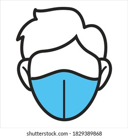 Character wearing mask, isolated icon of personage with personal equipment, line art. Influenza or coronavirus covid 19 protection. Respiratory diseases and illnesses vector in flat style illustration