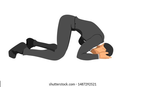 the character wearing a suit is bowing down holding his head. gestures indicate failure and bankruptcy. eps10 vector file