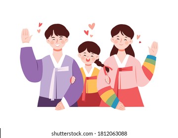 A Character Wearing A Traditional Korean Costume, Hanbok. The Family Greets With A Smile.