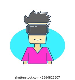 A character wears a virtual reality (VR) headset. This character has spiky hair and wears a pink shirt. Her facial expression shows enjoyment and involvement in the virtual world.