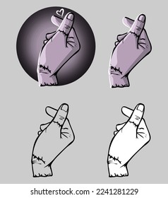 The character, which is simply an arm and wrist sewn together, is a sentient disembodied hand and a relative of Wednesday Addams. Color and black and white vector drawings.