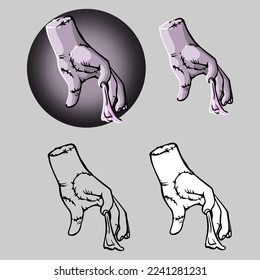 The character, which is simply an arm and wrist sewn together, is a sentient disembodied hand and a relative of Wednesday Addams. Color and black and white vector drawings.