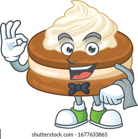 A character of white cream alfajor waiter working in the restaurant