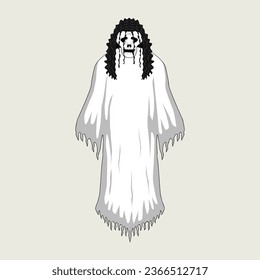 The character of the white lady ghost in this illustration, dressed in white with black wavy hair