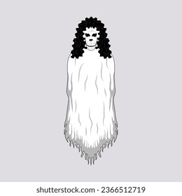 The character of the white lady ghost in this illustration, dressed in white with black wavy hair