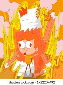 Character who is having an existential crisis. The scene is accompanied by elements that suggest destruction such as fire, smoke, etc., by the main character.