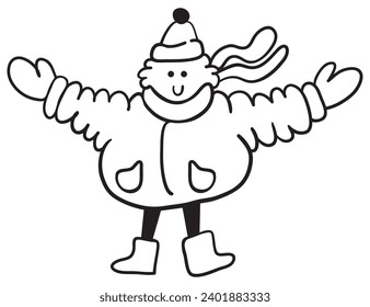 character in winter clothes in doodle style in vector. Template for postcard illustration poster sticker