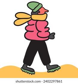 character in winter clothes in doodle style in vector. Template for postcard illustration poster sticker
