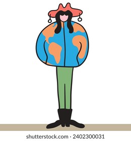 character in winter clothes in doodle style in vector. Template for postcard illustration poster sticker