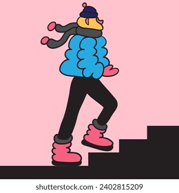character in winter clothes in doodle style in vector. Template for postcard illustration poster sticker