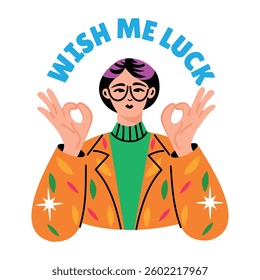 A character wishing good luck, flat style typographic sticker 