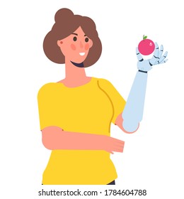 Character witth a Bionic arm or Robotic mechanical hand, Prosthesis concept. Vector isolated illustration