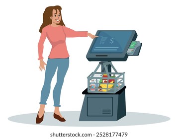 Character woman buys groceries, selects items, scans at self-service terminal, bags full of purchases. Efficient routine speeds up the purchasing process. Cartoon People Vector Illustration.