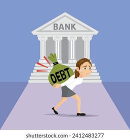 Character woman carrying debt sack to the bank debt on loan. Woman under debt from the bank concept. 
illustration vector cartoon.