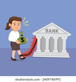 Character woman chained to the bank debt on loan holding money sack. Man under debt from the bank concept. illustration vector cartoon.