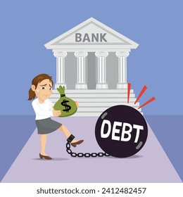 Character woman chained debt ball to the bank debt on loan holding money sack. Woman under debt from 
the bank concept. illustration vector cartoon.