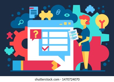 Character Woman Check Test in Internet Banner. Female with List Standing near Window Browser, Pencil and Lightbulb, Detail of Puzzle and Document File on Image. Vector Flat Cartoon Illustration