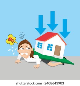 Character woman crushed by home loan financial pressure. Debt concept.illustration vector cartoon.