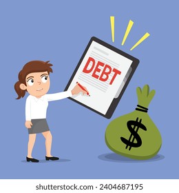 Character woman debt sign on white paper. Woman under debt from the bank concept. illustration vector 
cartoon.