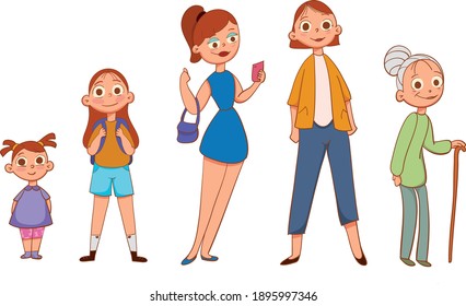 Character of a woman of different ages. a child, a teenager, an adult, an old person. Cycle of life.Vector illustration in cartoon style.
