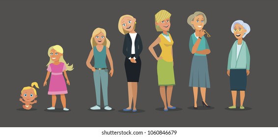 Character of a woman in different ages. Vector illustration in cartoon style