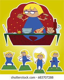 Character: a woman eats a lot in a restaurant and goes in for sports. Stickers