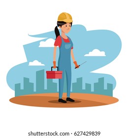 character woman employee worker construction toolkit urban background