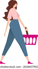 The character of a woman with an empty basket. Going to make a selection of products. Ordered and collected products, food delivery, online food store, shopping.