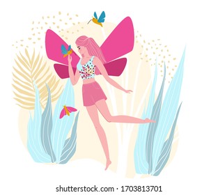 Character woman fairy, flight in outdoor park, fantasy area, isolated on white, flat vector illustration. Lovely magical female with wings, hummingbird, butterfly, design for imagination place.