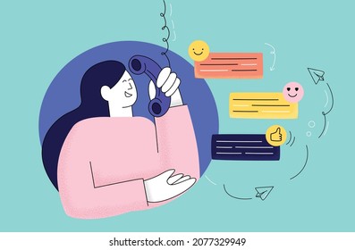 Character woman in flat style consulting a client. Online customer service. Hotline operator advises customer Concept support, assistance, call center. Flat Vector Illustration