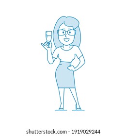 Character - a woman in glasses holds a glass of wine in his hand. Says a toast, congratulates, welcomes. Office worker. Illustration in line art style. Vector