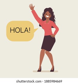 Character of a woman greeting with hands up and say hola.