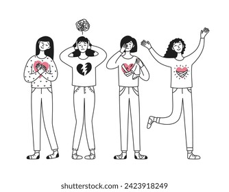 The character is a woman with a heart in different periods of crisis, stress, depression. Mental health. Positive thinking, struggle, healing. Vector doodle illustration