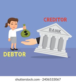 Character woman holding money sack pays debt on loan to bank. Debt concept. illustration vector cartoon.